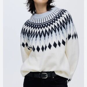 HM Fair Isle Nordic Chunky Jacquard Knit Oversized Sweater XS Gray White